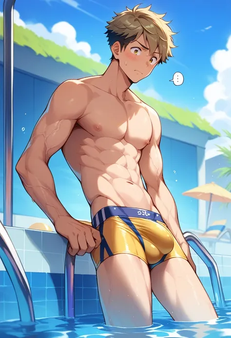 (score_9,score_8_up,score_7_up,score_6_up,score_5_up,score_4_up, source_anime), 8k, best quality, best lighting, BREAK, ((1man)), 17 yo, [[toned]], six pack, topless, (veiny arms), see-through speedo with yellow wetty stain, penis shape bulge, testicle sha...