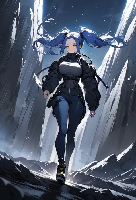 (One very tall woman,Navy Blue Hair,Her hairstyle is twin tails that expose her forehead.,Large Breasts,yellow eyes,Dynamic Angle)Techwear,Jeans pants,Woman walking in the mountains at night