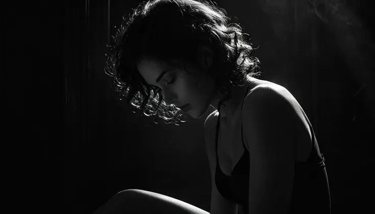 Film Noir Fatal Woman,Sin City style,May,variety of erotic poses,hairstyle with curly hair,black and white photography,Timeless elegance,Classic aesthetics,dramatic contrasts,emphasizing shapes and textures,evoking nostalgia,focusing on light and shadow,mo...