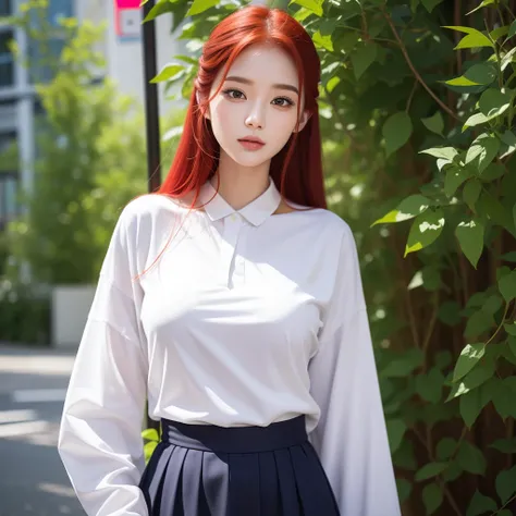 one-girl，Look to the lens，A red-haired，Wear a ，tmasterpiece，high qulity，8K，best qualtiy，realisticlying，vibrant detail，1个Giant Breast Girl，adolable，Beautiful face rich in details，One guy，looki at viewer，The street is against the wall，which stands on the str...