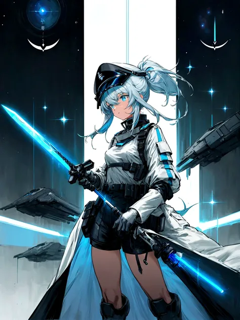 ((science fiction space fantasy)), A badass woman, an art of a female character standing amidst a galactic battlefront, (A female commander), ((a leader of a fleet of intergalactic armies)), White high ponytail with a glowing light blue highlights at the e...