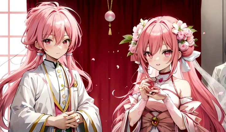 Cute anime boy name hiroto hayashi, pink hair, pink eyes, getting married to his friend named chibika (a girl) , green hairs, long carol brown hair, in a wedding dress, both kids