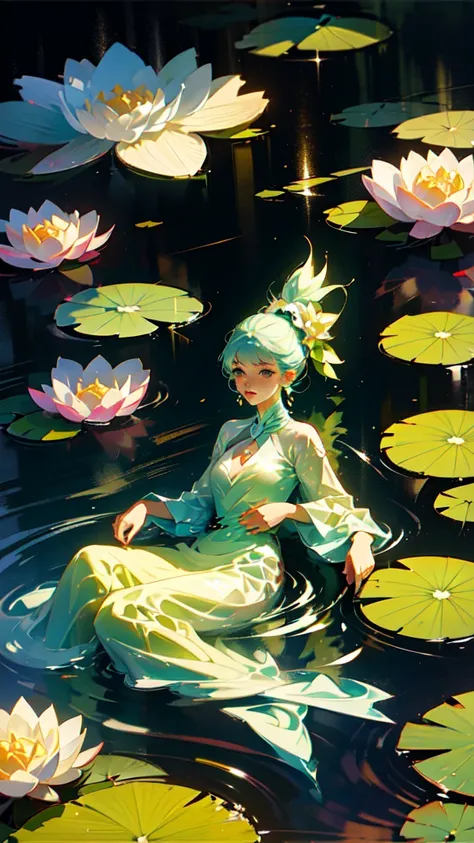 (nsfw), There is a woman reclining on a lily pad, (Luminous skin tone), Erotic color scheme, Surrounded by floating water lilies, Gubes-style artwork, Popular on adult art platforms, An illustration: "Serenity in the Pond", Sensual Anime, Lieing on a water...