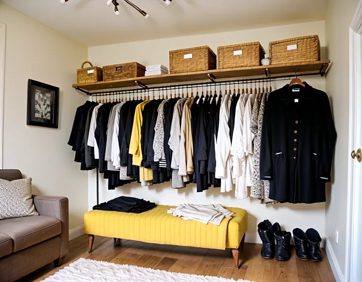 Old vintage wardrobe in a shelf in a room with lots of clothes and some decorations on the wall. And black and white. Try less black and white and more yellow. Add a sofa. Add some light bulbs. Give a beige background