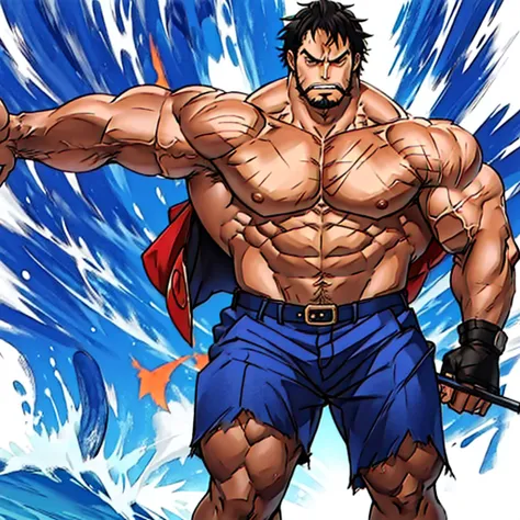 One Piece male fighter badass caractere with fishing rod, fighting position, detailed face, detailed clothes, super strong and muscled, huge body, without clothes, shirtless, big old man, big chest, show armpits, big knee, big arms, big body, with out any ...