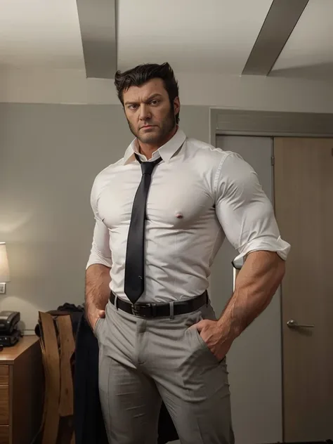 Wolverine in shirt and tie, (tight white shirt, black tie) handsome, big muscles, wide shoulders