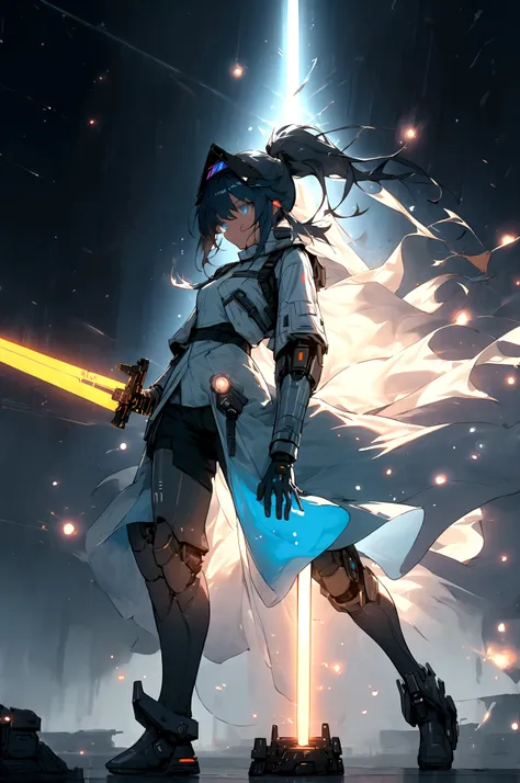 ((science fiction space fantasy)), A badass woman, an art of a female character standing amidst a galactic battlefront, (A female commander), ((a leader of a fleet of intergalactic armies)), White high ponytail with a glowing light blue highlights at the e...