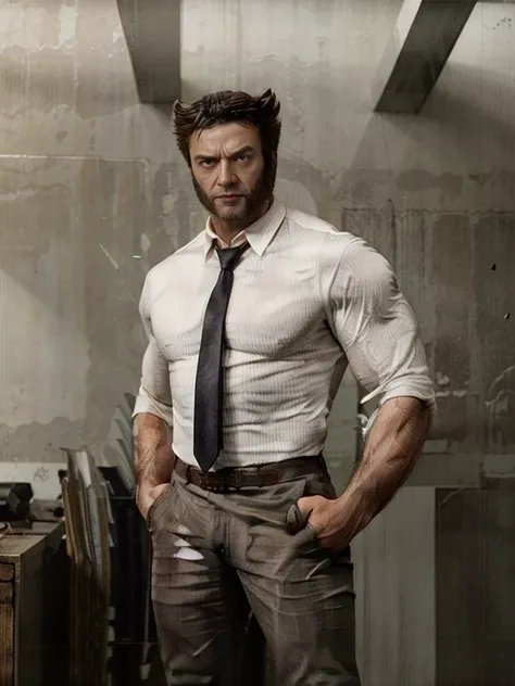 wolverine in shirt and tie, (tight white shirt, black tie) handsome, big muscles, wide shoulders