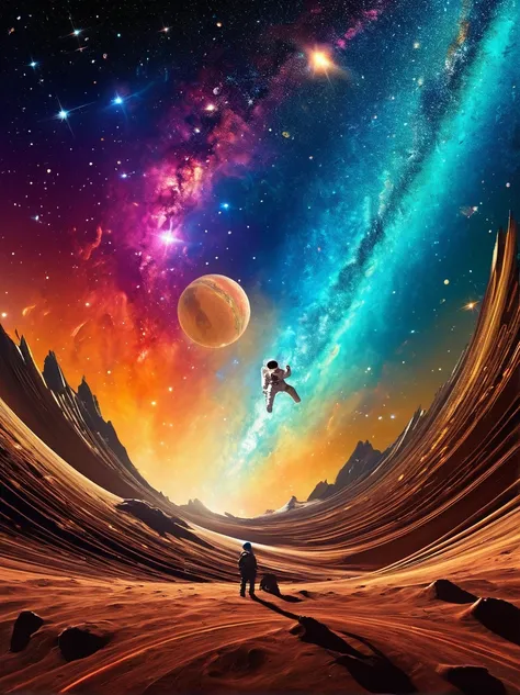 imagine a surreal perspective of space exploration. there's an astronaut on an abstract shaped planet with swirling colors of co...