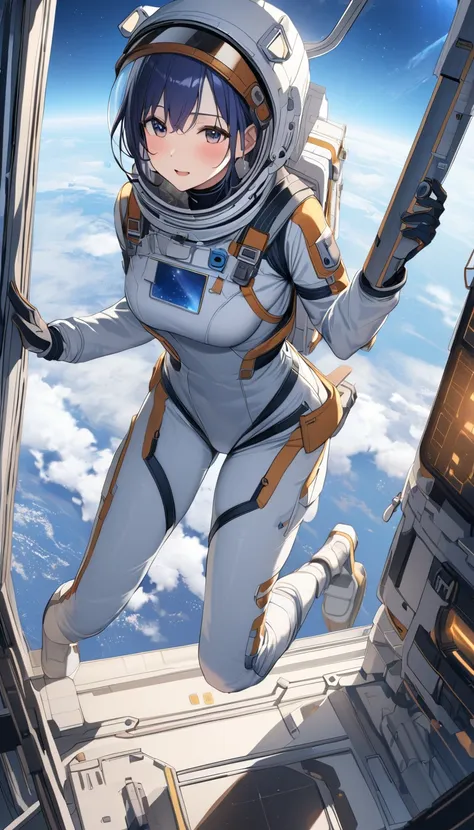 Highest quality、masterpiece、High resolution、RAW Photos、BREAK、Perfect Anatomy、One Girl、Skin-tight astronaut suits、２０talent、Zero Gravity Swimming、Space Station、Experimental building、Complex Instrumentation、Detailed depiction、近未来のSpace Station、BREAK、Earth see...