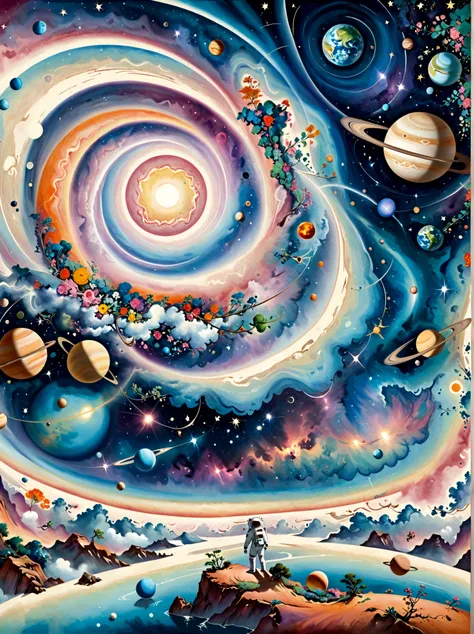 imagine a surreal perspective of space exploration. there's an astronaut on an abstract shaped planet with swirling colors of co...