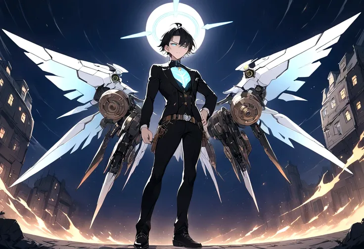 ((anime Illustrator)),best quality , highly detailed,(Full body illustration),detailed cool face,1 little boy, cyber punk costume, shiny skin,(blue glowing eyes),short black hair , shota ,mechanical wing ,steam punk wing, console-like angel HALO ,  boy,  g...