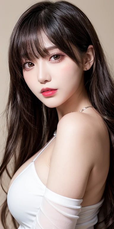 Canon RF 85mmf/1.2,masutepiece,Best Quality,超A high resolution,tu,1 girl,(Korean mixed,Kpop Idol:1.2),Solo,white_shiny_skin,Black eyes,Necklace,brown_long_Wavy_hair,Red lipstick bright_shiny_Lips,Eyelashes,Bangs,deal,make - up,shiny,Pore,skin texture,Brace...