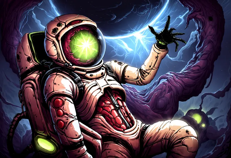 a zombie astronaut,floating in outer space,detailed astronaut suit,glowing green eyes,decaying skin,tattered spacesuit,eerie atmosphere,dark void of space,otherworldly landscape,glowing stars in the background,photorealistic,cinematic lighting,highly detai...