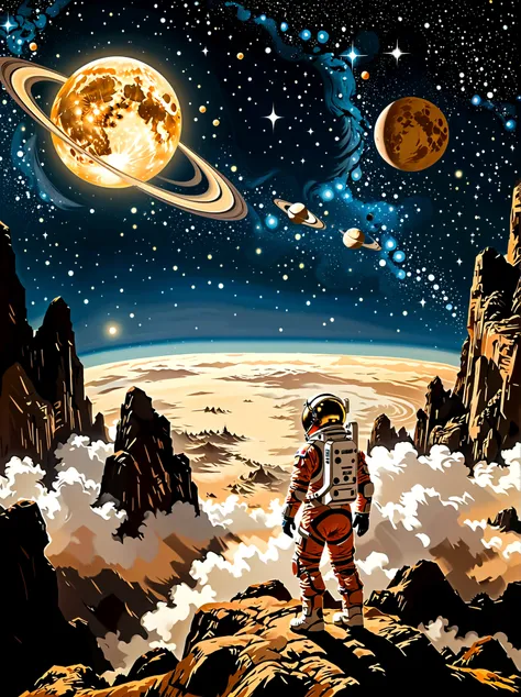 super fine，chinese ink painting style，chinese fantasy landscape，(distant planetary sky，一个穿着未来尖端技术制成的蓝色space suit，martian climbin...