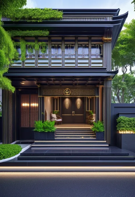 architecture indochine style, exterior, facade, spa, roofing, gate, traditional, decorative molding on the wall, large glass on ...