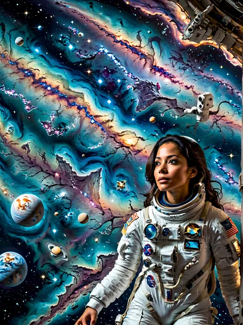 visualize a scenario in the vast expanse of space. in the foreground, there's a hispanic female astronaut, completely suited up ...