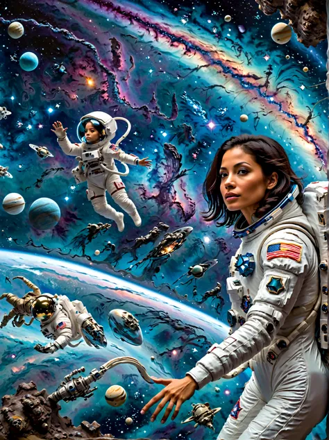 visualize a scenario in the vast expanse of space. in the foreground, there's a hispanic female astronaut, completely suited up ...