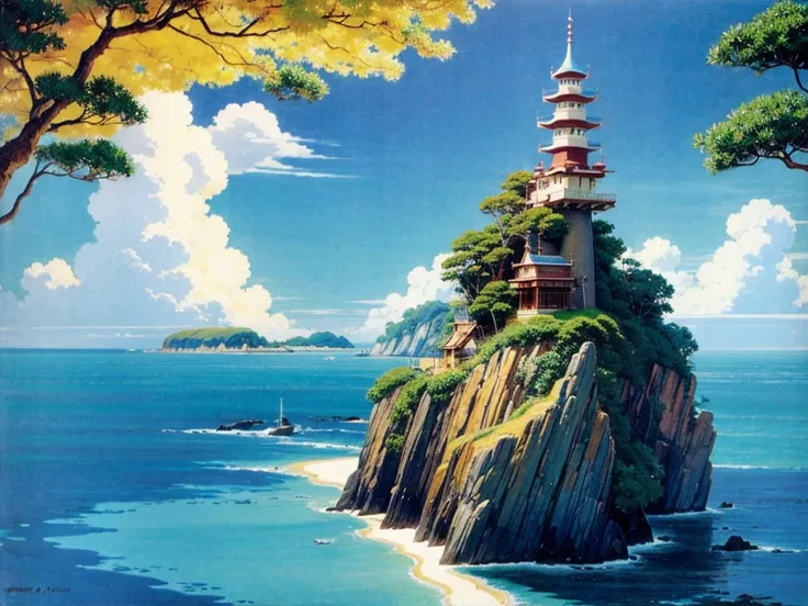 from studio ghibli movie, vivid island paradise, designed by hayao miyazaki, retro anime