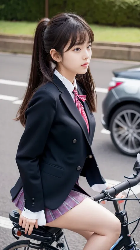 **japanese high school girl riding bicycle, black socks, from side shot at eye level, in short skirt and blazer sitting on bike ...