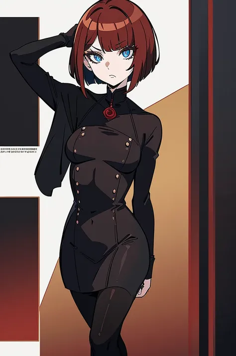 a beautiful girl with red hair wearing a black dress, detailed facial features, bob haircut, full body illustration, woman weari...