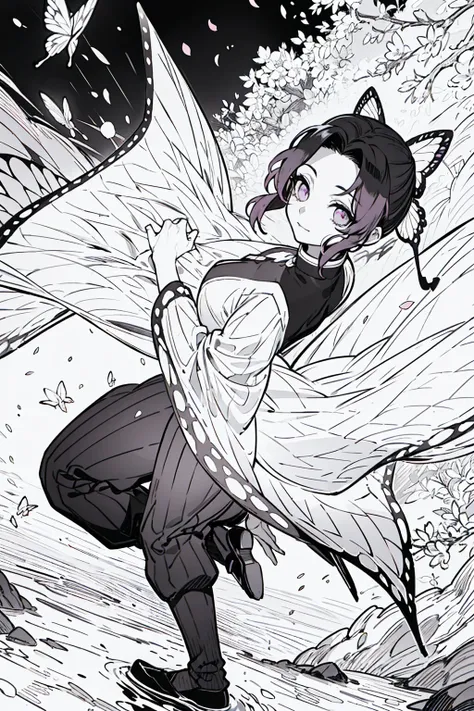 A highly detailed and high-resolution masterpiece by Shinobu Kocho, The beautiful and terrifying dynamic action of the Demon Slayer Corps. Her voyeur had some butterflies., Highlights the exquisite detail of her butterfly-themed outfit and the fierce expre...