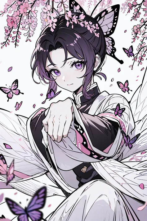 A highly detailed and high-resolution masterpiece by Shinobu Kocho, The beautiful and terrifying dynamic action of the Demon Slayer Corps. Her voyeur had some butterflies., Highlights the exquisite detail of her butterfly-themed outfit and the fierce expre...