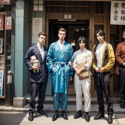 close-up of a group of people standing in front of a building,cartoon,boy，japanese handsome man，cowherd, anime cover, cartoon风格”...