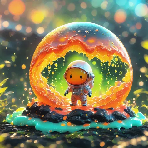 best quality, very good, 1.60,000, ridiculous, extremely detailed, cute slime astronaut，made of translucent boiling lava, backgr...