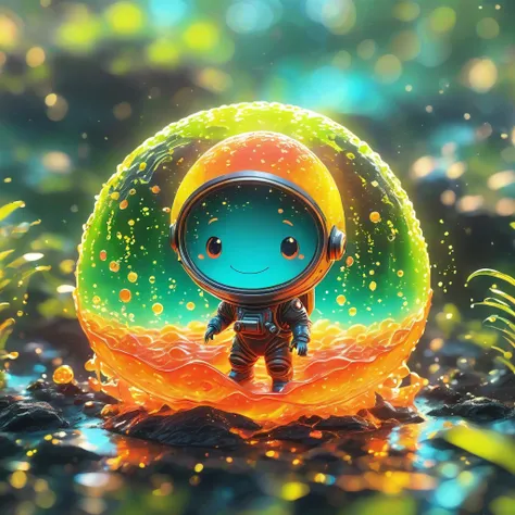 best quality, very good, 1.60,000, ridiculous, extremely detailed, cute slime astronaut，made of translucent boiling lava, backgr...