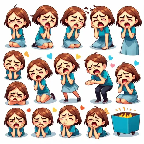 9 poses and expressions, Emoticons [Dizziness, angry, cry, sad, Lovely, Expectations, Laughing, disappointed and shy, ] Sticker Art, White background