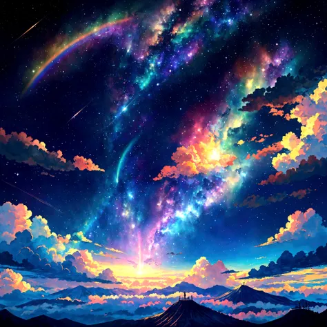 Rainbow Sky,colorful,beauttiful stars,wonderful景色,Utopia,An atmosphere full of dreams and hope,masterpiece.16K, Ultra-high resolution, Ultra-high resolution, to be born,wonderful ,future、Iridescent、The world 30 years from now。