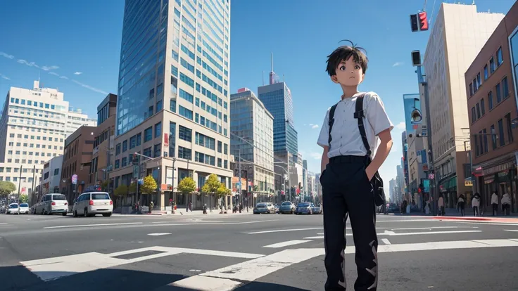 high quality　near future　sf　universe　in the heart of the city　intersection　streetscape　standing boy　look up at the sky　pull　over...