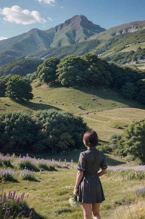 A woman standing on the top of a hill，A  tombstone and a sea of flowers at the foot of the mountain，Girl standing on the hillside，with her back to the picture，Facing the Distance poster art by Makoto Shinkai, tumblr, Concept Art, studio glibly Shinkai Mako...