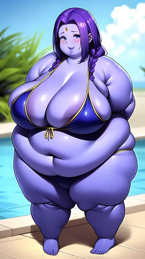 Anime Women, Lady、Forehead、Long braids down to the waist、Purple Hair、Glasses、Sharp eyes、Purple lips、Cobalt blue body、Cobalt blue skin、Cobalt blue face、Are fat、Chubby、obesity、Double chin、cheek、Thick neck、Big Breasts、Saggy breasts、Thick upper arms、Thick arms...