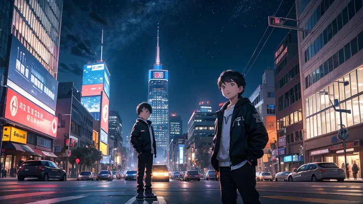 high quality　Near future　sf　universe　In the heart of the city　intersection　Streetscape　Standing boy　Look up at the sky　pull　Overall composition　Clear blue sky　vain　sad　darkness　night　colorful　vivid