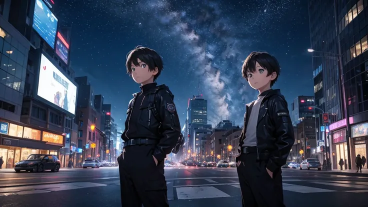 high quality　Near future　sf　universe　In the heart of the city　intersection　Streetscape　Standing boy　Look up at the sky　pull　Overall composition　Clear blue sky　vain　sad　darkness　night　colorful　vivid