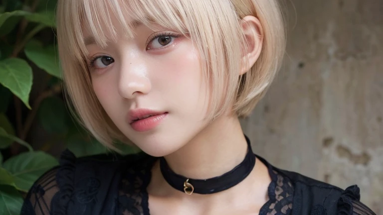 (Bob Cut Hair, Platinum Blonde Hair:1.2),(Wearing a choker, Wear a black blouse:1.2),1 girl,Japanese,21 years old,(Small breasts:1.3),(Highest quality,masterpiece:1.3,超A high resolution,),(Ultra-detailed,Caustics),(Photorealistic:1.4,RAW shooting,)Ultra-Re...