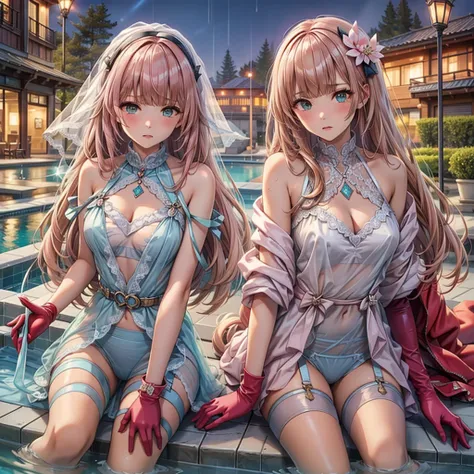 Full-body depiction on screen,　Glaring eyes　showing disgust　Blonde long hair　anime　Romanesque style　 super curly hair　Super long sideburns　A wet and see-through salmon pink turtleneck wedding dress　cuteポージング　Pool at night　Droopy eyes　Ribbon Headband　天蓋付きのc...