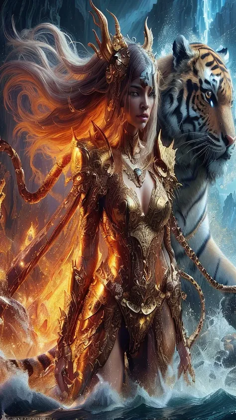 1 woman in a gold dress and a tiger on a boat, epic fantasy digital art, epic fantasy art style hd, 4k fantasy art, hd fantasy art, epic fantasy art, karol bak uhd, epic fantasy digital art style, breathtaking fantasy art, detailed fantasy digital art, fan...