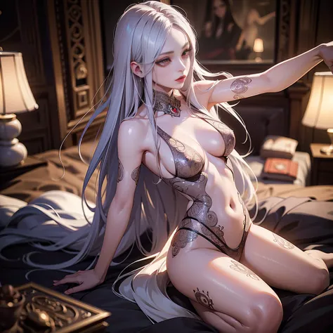 Incredibly detailed photograph of a magnificent vampire alien woman, renaissance, long white hair, intricate well-defined red eyes, detailed eyes, fantastic, ethereal, hyper detailed, 32k resolution, detailed body, 8k, vivid colors, very specific details, ...