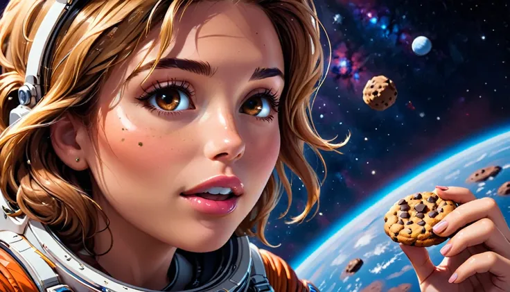 a beautiful female astronaut eating chocolate chip cookie in space,  vibrant, Ultra-high resolution, High Contrast, masterpiece:1.2, highest quality, Best aesthetics), best details, best quality, highres, ultra wide angle, 16k, [ultra detailed], masterpiec...