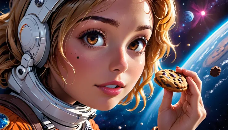 a beautiful female astronaut eating chocolate chip cookie in space,  vibrant, Ultra-high resolution, High Contrast, masterpiece:1.2, highest quality, Best aesthetics), best details, best quality, highres, ultra wide angle, 16k, [ultra detailed], masterpiec...