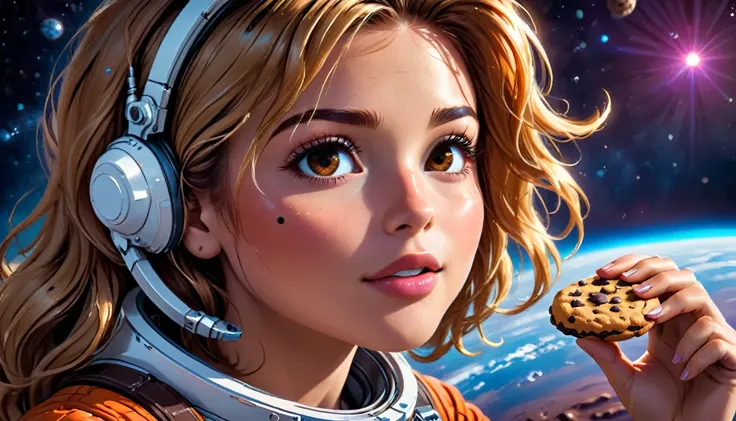 a beautiful female astronaut eating chocolate chip cookie in space,  vibrant, Ultra-high resolution, High Contrast, masterpiece:1.2, highest quality, Best aesthetics), best details, best quality, highres, ultra wide angle, 16k, [ultra detailed], masterpiec...