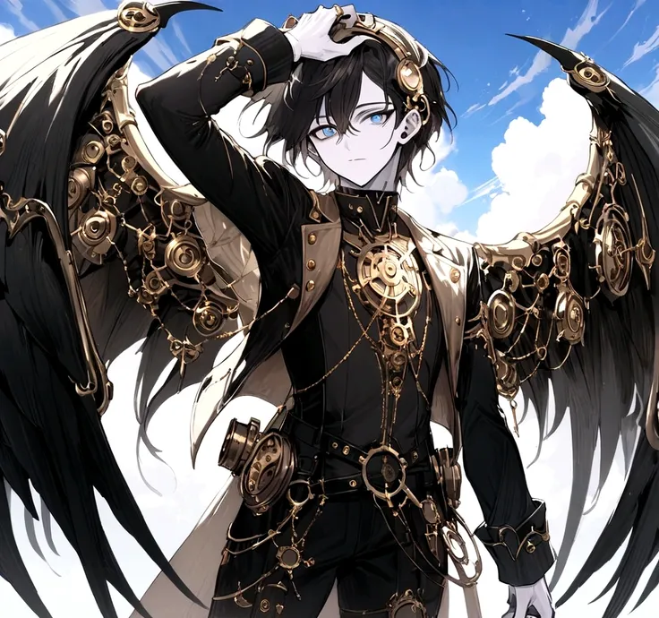 (masterpiece), best quality, 1boy, 1guy, steam punk design, light skin, pale skin color, caucasian skin color, (DARK HAIR, black hair, sky blue EYES), steam punk costume, ultimate detail clockworked ring above his head, Precision wings,  Wings of Precision...