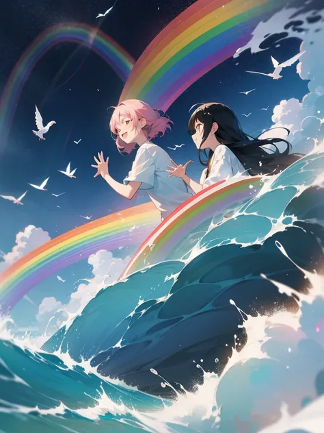 A wave rainbow of two girls. Anime. Two girls. Rainbow. Wave. Cloud. Perfect facial features. Ethereal aura. Playing. Birds. Side by side. Smile. Happy. rainbow wave. splash water