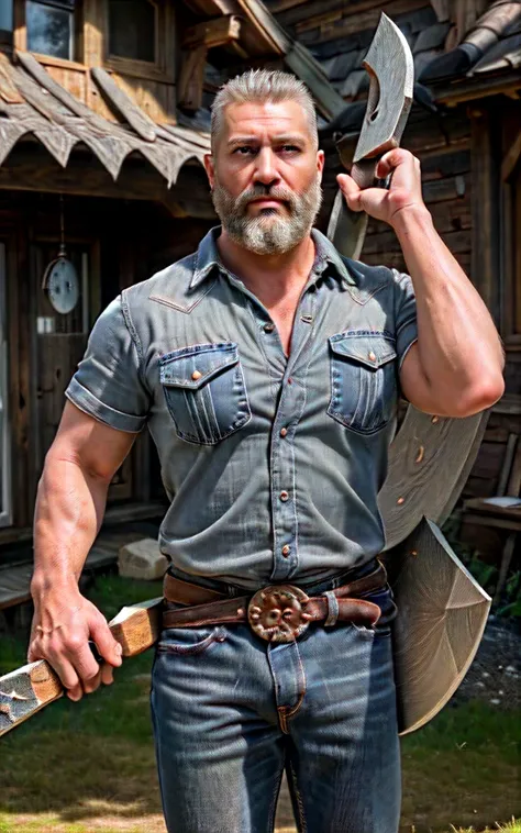 (masterpiece) finest quality, ultra-detailed, ultra-realistic, 40-year-old male, piercing gaze, average person, strong, short beard and gray hair, lumberjack shirt and slouchy jeans, (wielding his axe: 1.3) , in cold and bluish tones, in the background rus...