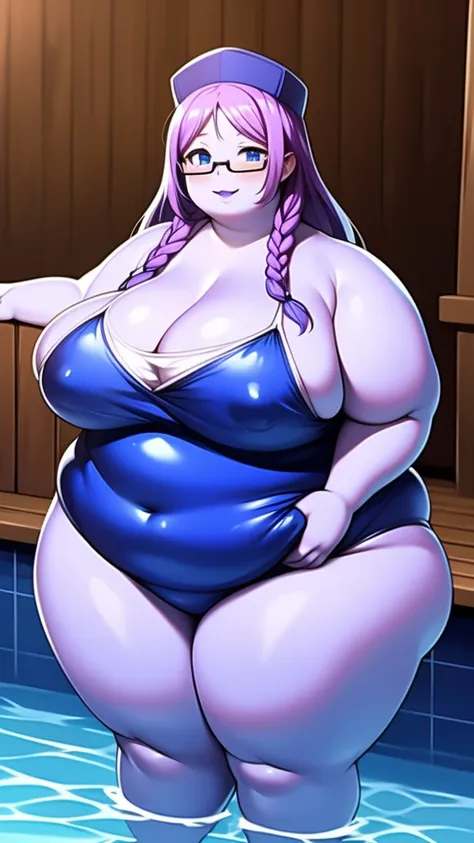 Anime Women, Lady、Forehead、Long braids down to the waist、Purple Hair、Glasses、Sharp eyes、Purple lips、Cobalt blue body、Cobalt blue skin、Cobalt blue face、Are fat、Chubby、obesity、Double chin、cheek、Thick neck、Big Breasts、Saggy breasts、Thick upper arms、Thick arms...