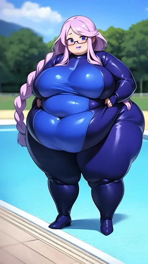 Anime Women, Lady、Forehead、Long braids down to the waist、Purple Hair、Glasses、Sharp eyes、Purple lips、Cobalt blue body、Cobalt blue skin、Cobalt blue face、Are fat、Chubby、obesity、Double chin、cheek、Thick neck、Big Breasts、Saggy breasts、Thick upper arms、Thick arms...