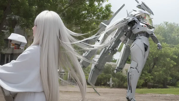 :03:47 high quality、An android woman in a white suit with long white hair looking up with a blank look、pull、The background is a solid grey color、ruins、robot、tank、war、Killing each other、Blood